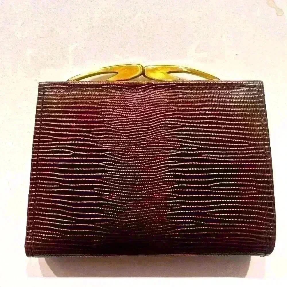 BROWN PIGSKIN LEATHER BIFOLD WALLET WITH GOLD HARDWARE
